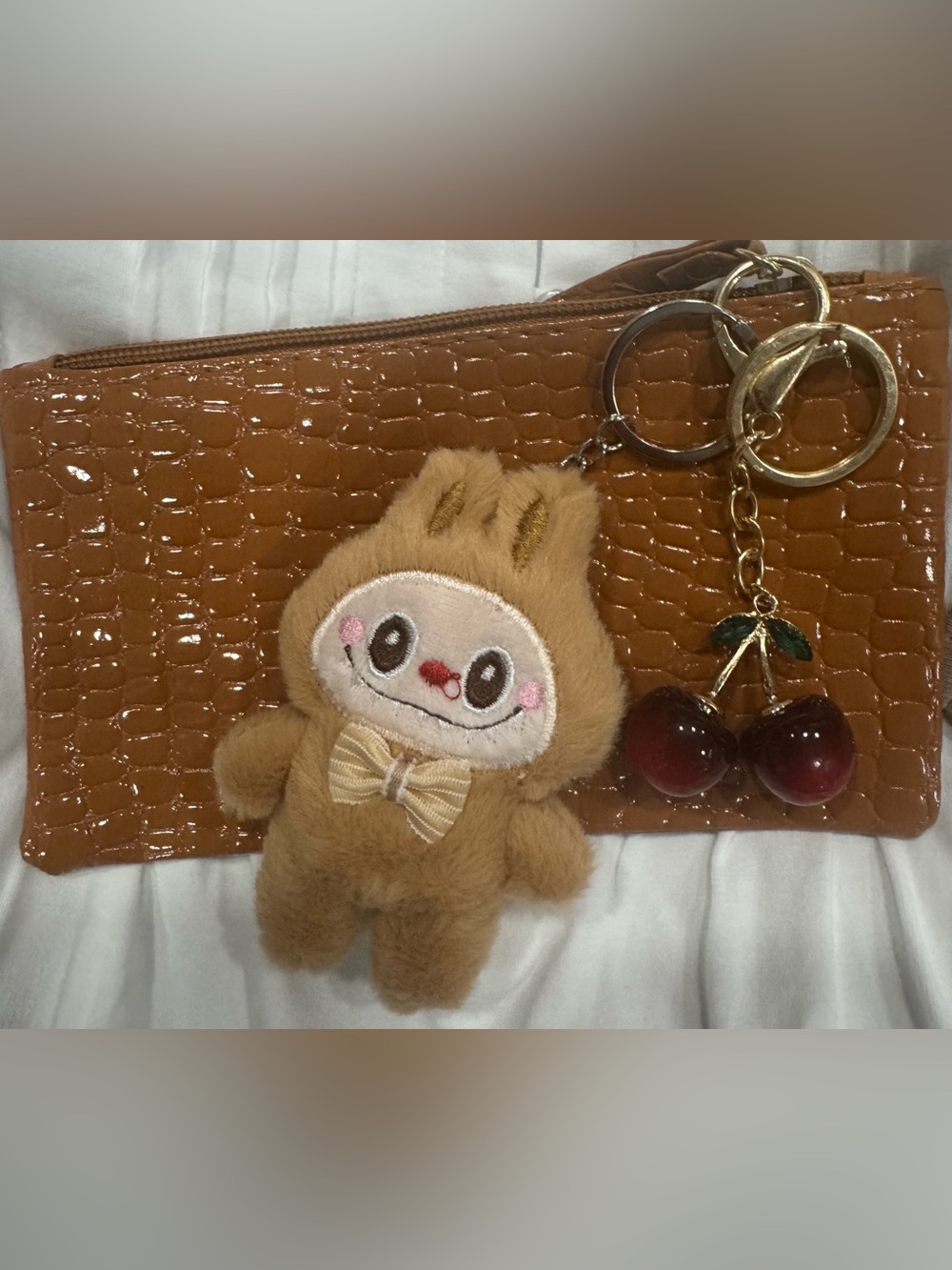 Plush Bunny Keychain Charm in Light Brown with cherry